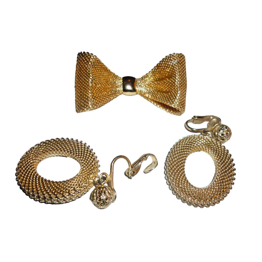 Gold Mesh Bow Brooch Clip On Hoop Drop Earrings Set